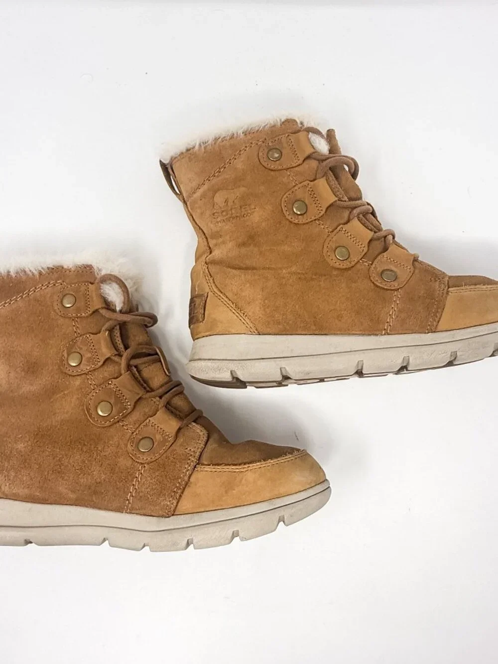 Sorel Explorer Joan Ankle Boots Women's 7.5 Tan Suede Lace Up Fur Trim NL3039
